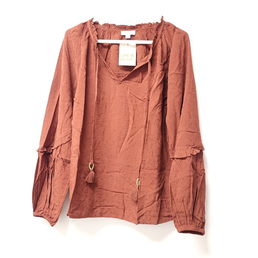 NWT Knox Rose Long Sleeve V Neck Blouse Size S Brown